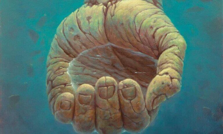 Mão de pedra segurando água