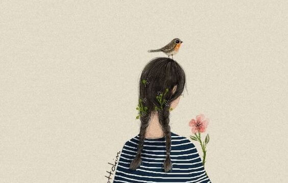 Menina com passarinho na cabeça e flor na mão