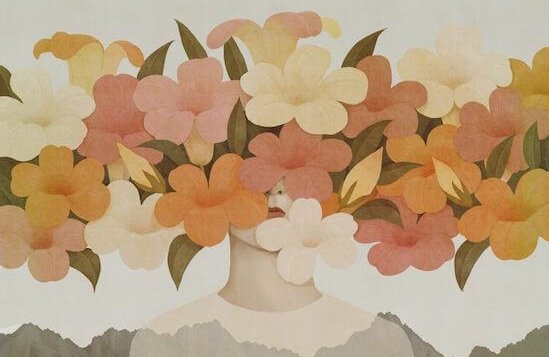 Mulher com flores escondendo o rosto