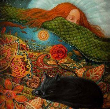 Menina dormindo com seu gato preto