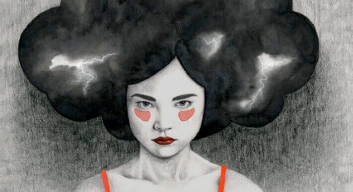 Mulher com tempestade na cabeça obscurecendo o raciocínio emocional