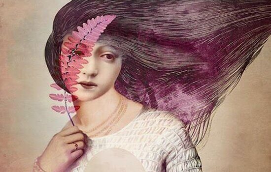 Mulher com folhas cor-de-rosa no rosto