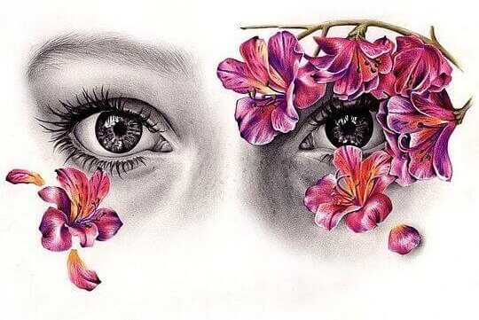 Olhos femininos com flores cor-de-rosa
