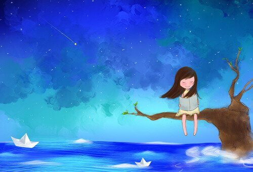 Menina sentada em árvore lendo livro