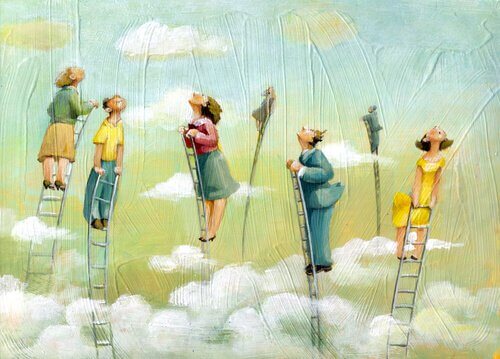 Pessoas em escadas acima das nuvens