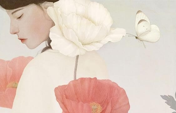 Mulher rodeada por flores e borboleta