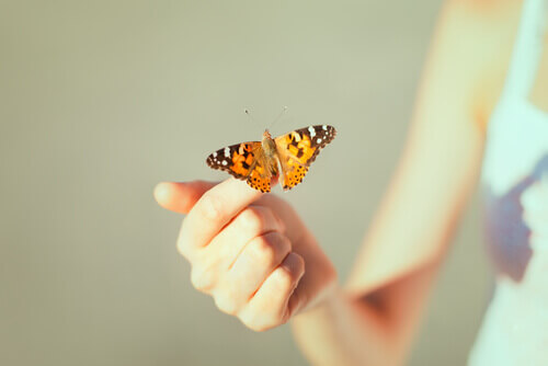 Mulher com borboleta em sua mão