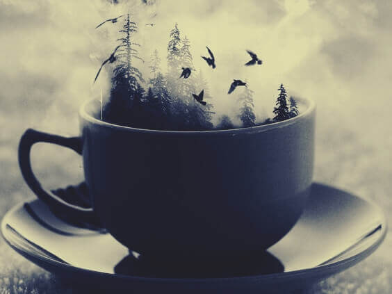 Xícara de chá com floresta e pássaros voando