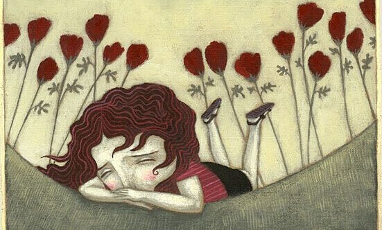 Menina chorando em meio a rosas vermelhas