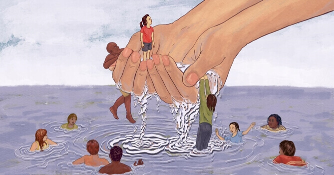 Mãos salvando pessoas no oceano