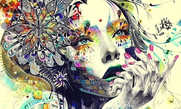 Rosto de mulher com várias cores e desenhos