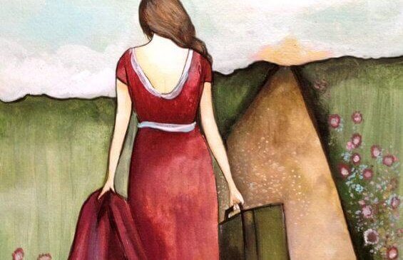 Mulher indo embora de vestido vermelho