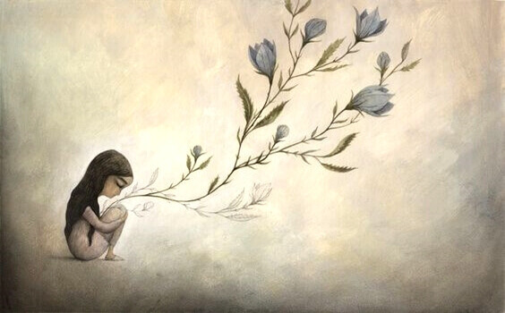 Menina segurando galhos de flores