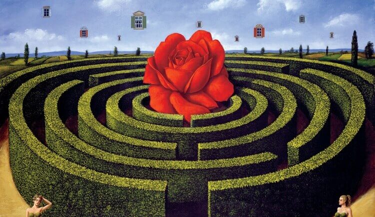 Labirinto com rosa vermelha no meio