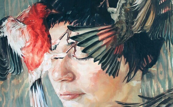 Pintura de pessoa com pássaros ao lado