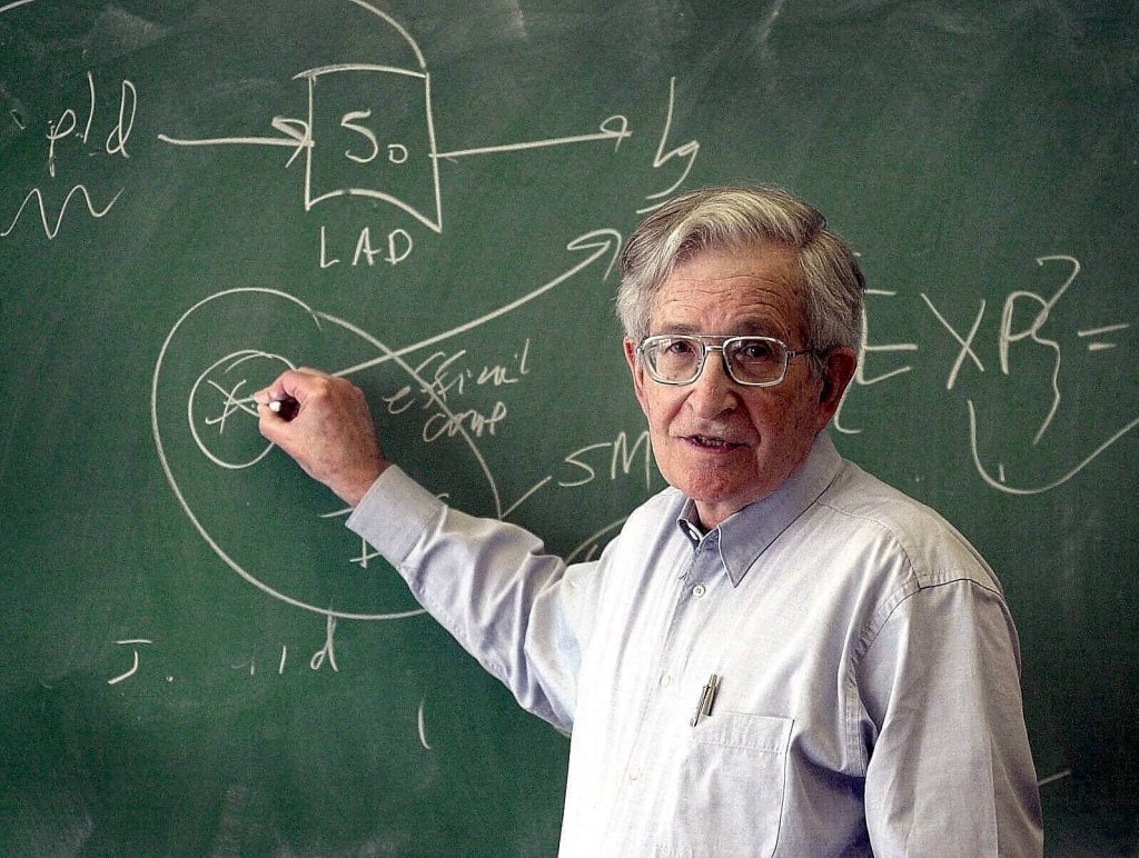 Noam Chomsky escrevendo em lousa