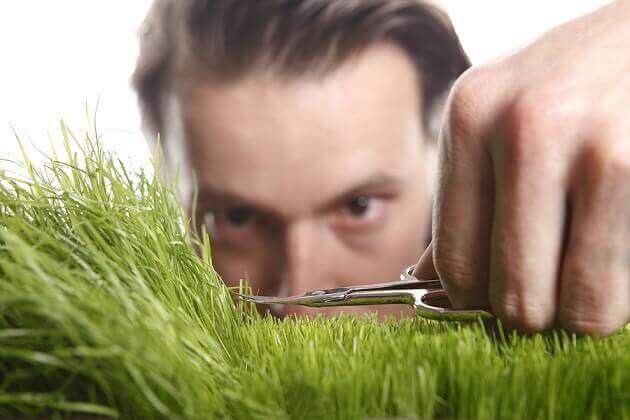 Homem cortando grama milimetricamente