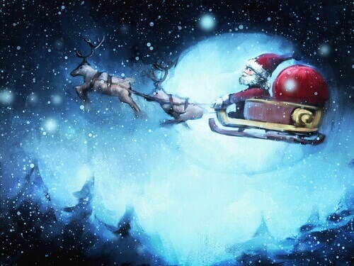 Papai Noel voando em seu trenó 
