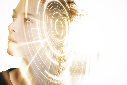 Mulher com luzes tecnológicas