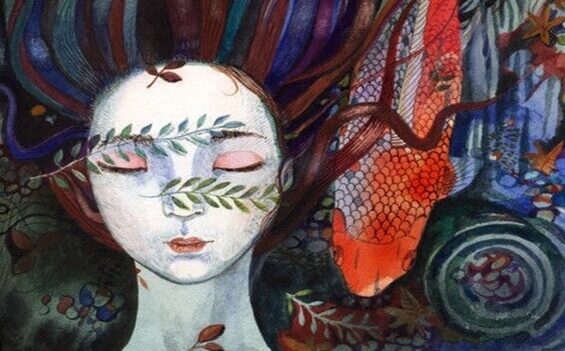 Mulher com folhas no rosto