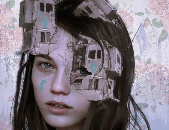 Mulher com estruturas saindo do rosto