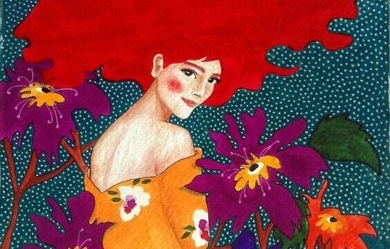Mulher ruiva com flores coloridas