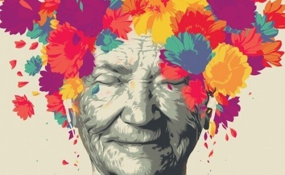 Mulher idosa com flores na cabeça