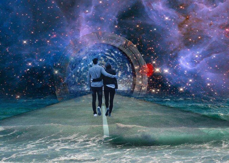 Casal caminhando por mundo mágico no futuro