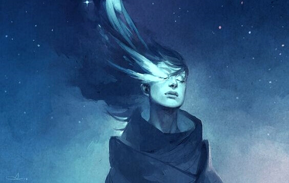 Mulher com luzes saindo do olho direito