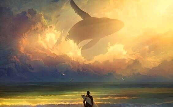 Baleia voando no céu