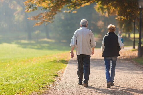 Casal idoso caminhando