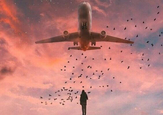 Pessoa observando avião