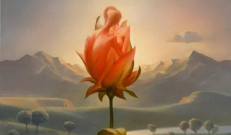 Flor gigante em paisagem de montanha