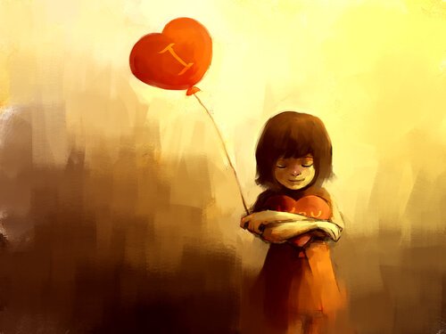 Menina segurando balão de coração
