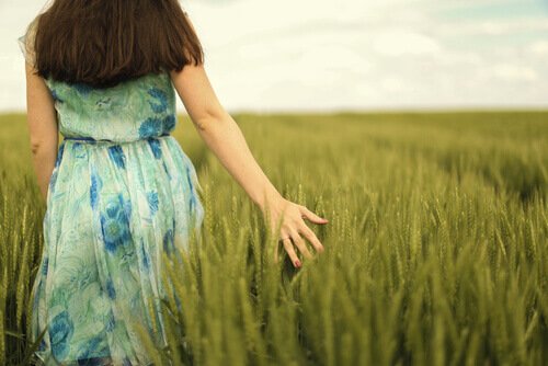 Mulher andando em campo de plantas