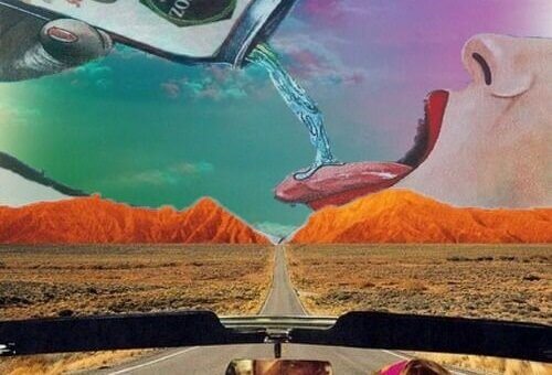 Estrada com pessoa enorme tomando água