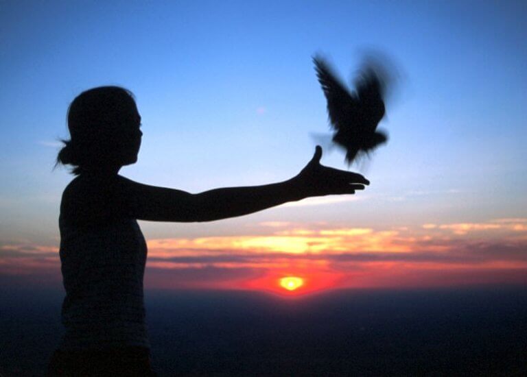 Mulher libertando pássaro