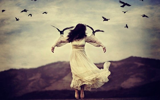 Mulher sendo levada por pássaros