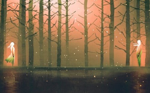 Encontro em floresta ao anoitecer