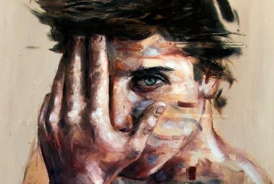 Pintura de homem cobrindo parte do rosto
