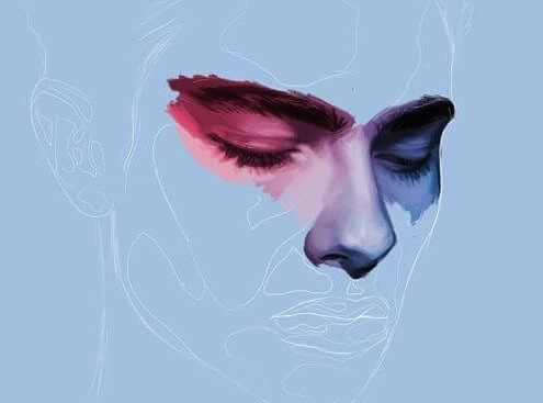 Desenho de homem com olhos e nariz pintados