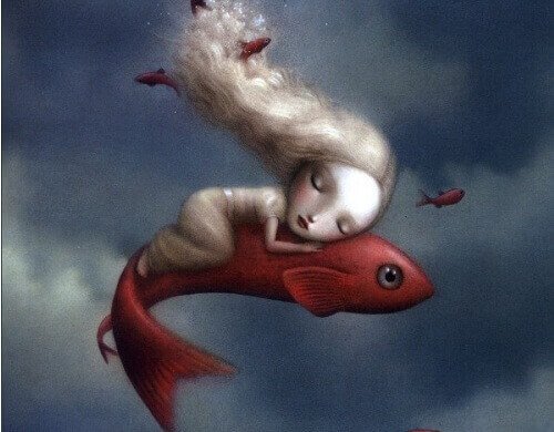 Menina dormindo em peixe