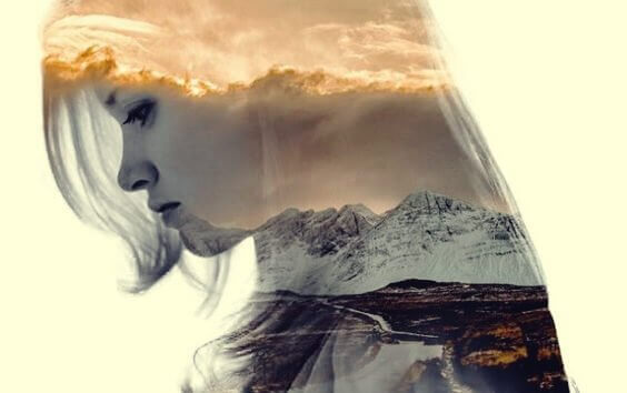 Silhueta de mulher com paisagem natural