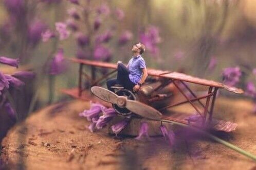 Homem minúsculo em avião