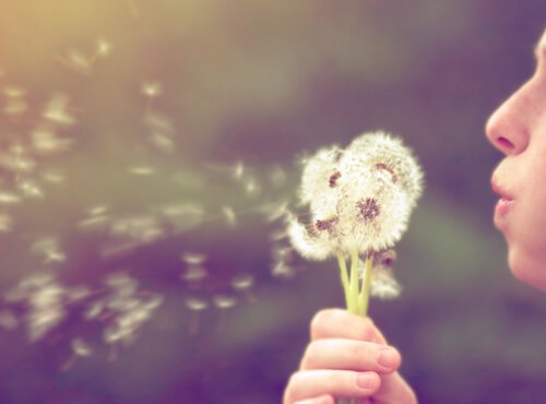 Mulher soprando dente-de-leão