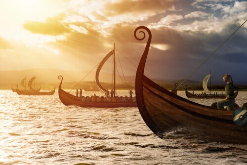 Barcos vikings no mar