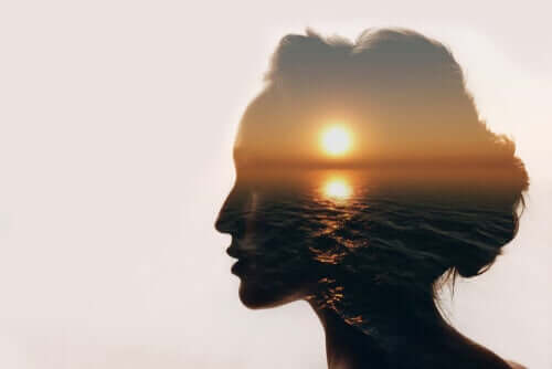 Contorno de mulher com imagem do sol se pondo no mar
